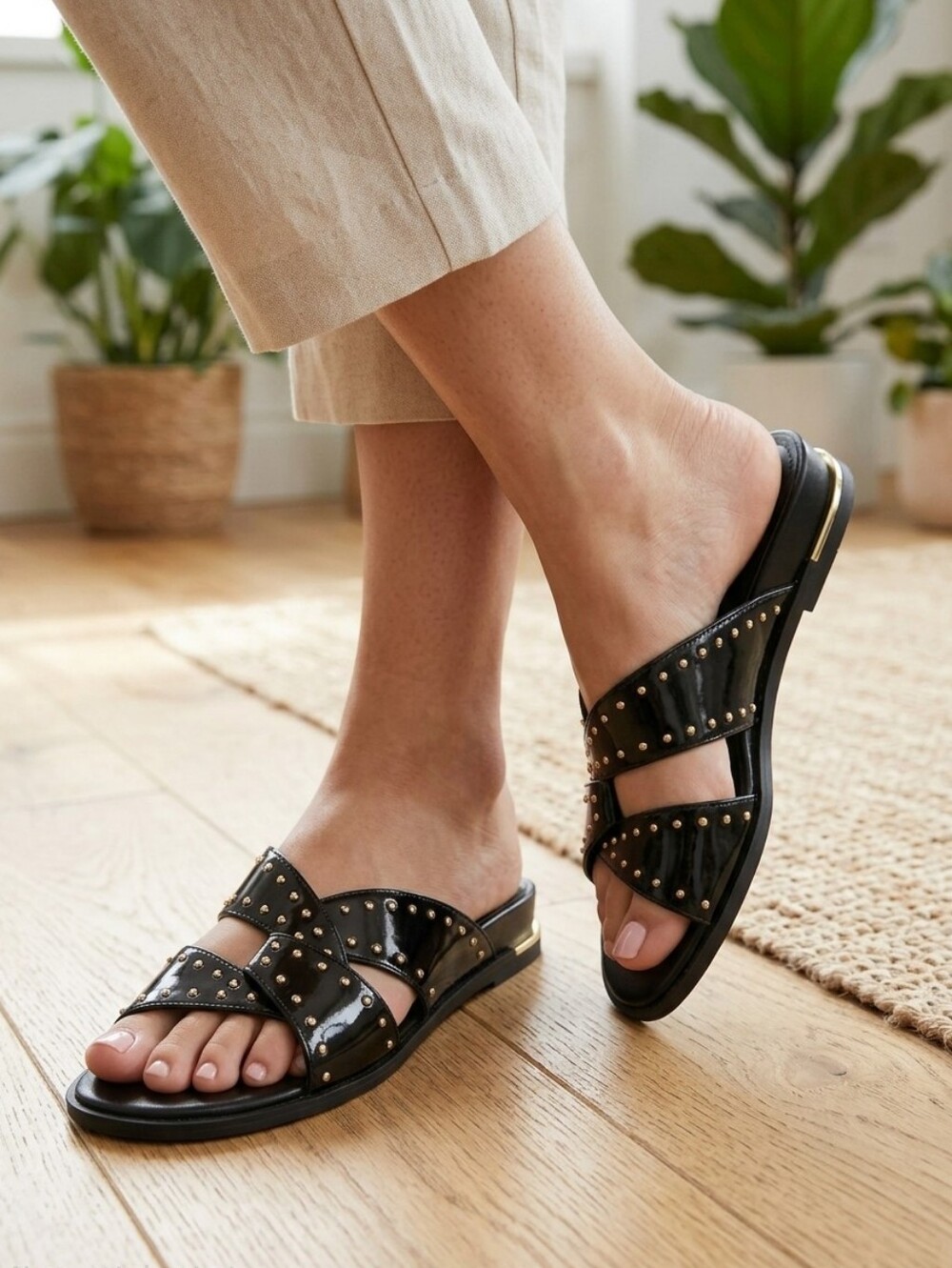 DKNY Black Slide Sandals with Gold Stud Accents size 7.5 M
